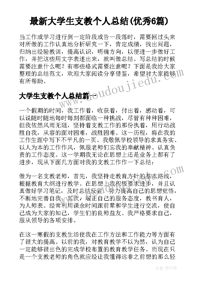 最新大学生支教个人总结(优秀6篇)