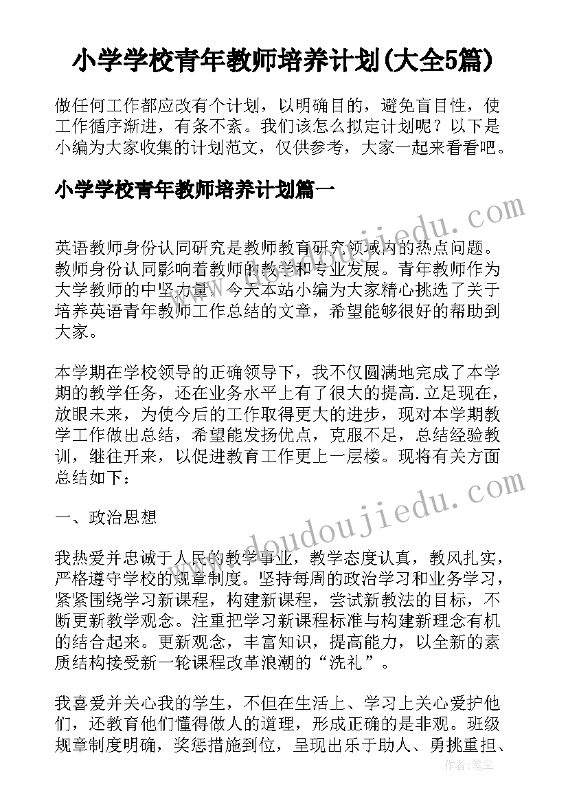 小学学校青年教师培养计划(大全5篇)