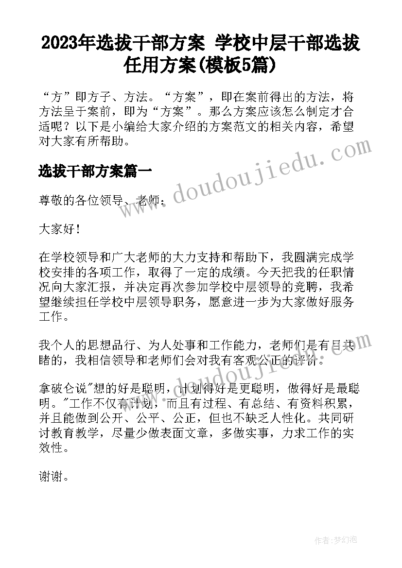 2023年选拔干部方案 学校中层干部选拔任用方案(模板5篇)