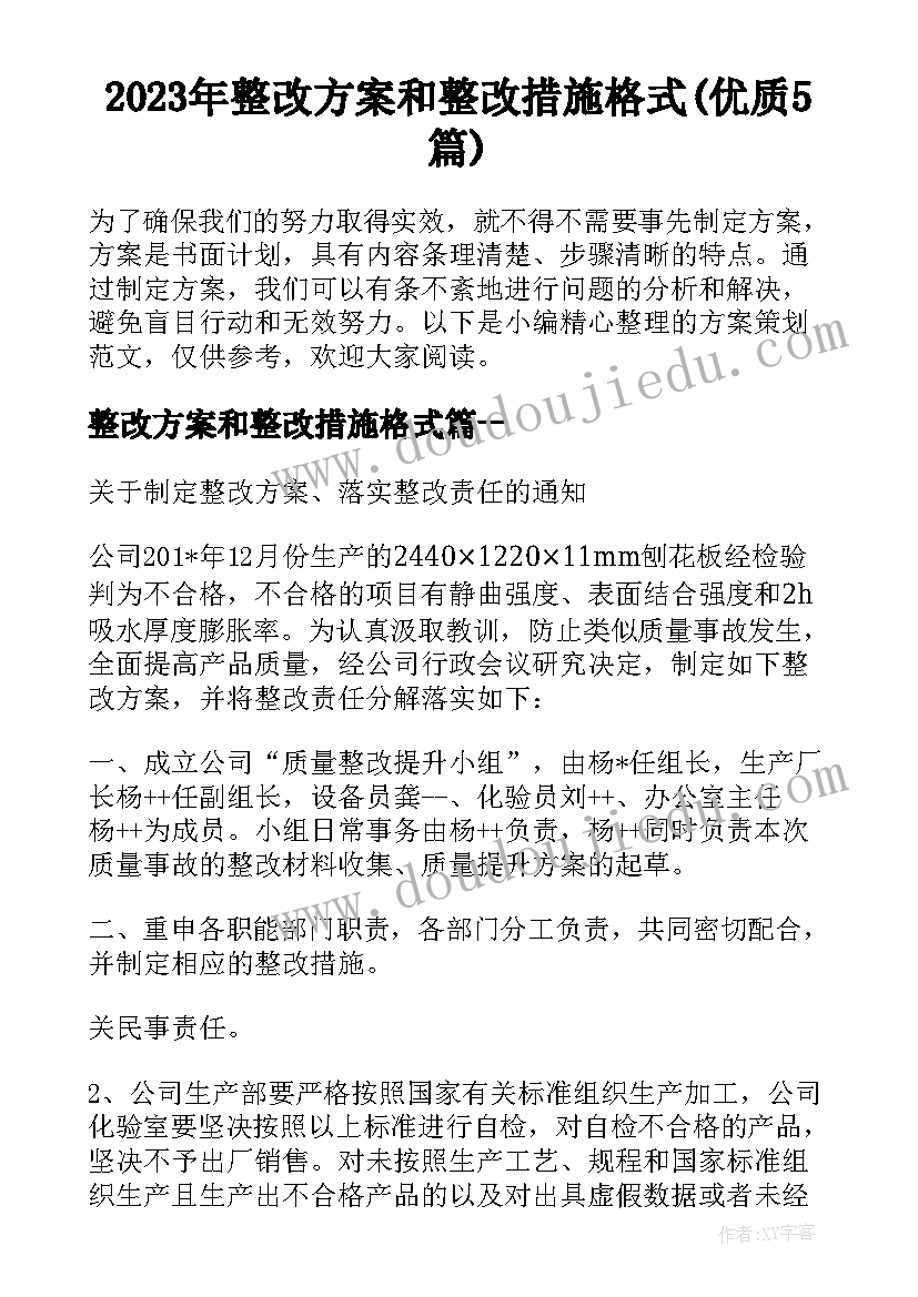 2023年整改方案和整改措施格式(优质5篇)