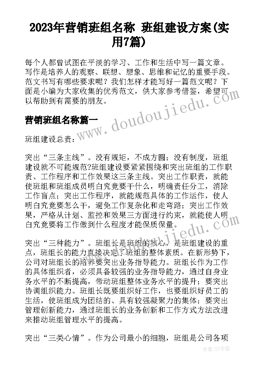 2023年营销班组名称 班组建设方案(实用7篇)