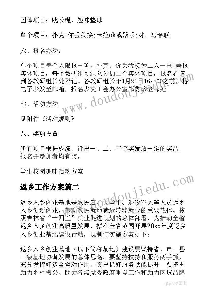 最新返乡工作方案(优质7篇)