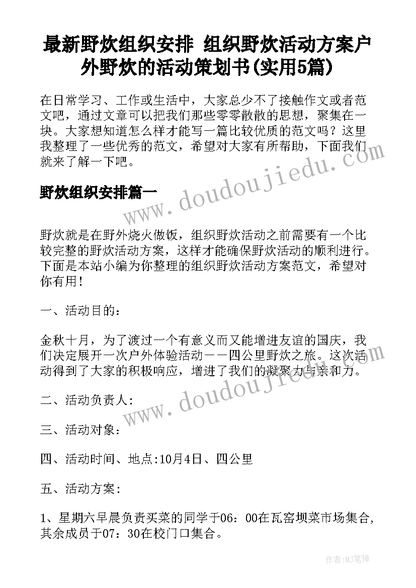 最新野炊组织安排 组织野炊活动方案户外野炊的活动策划书(实用5篇)