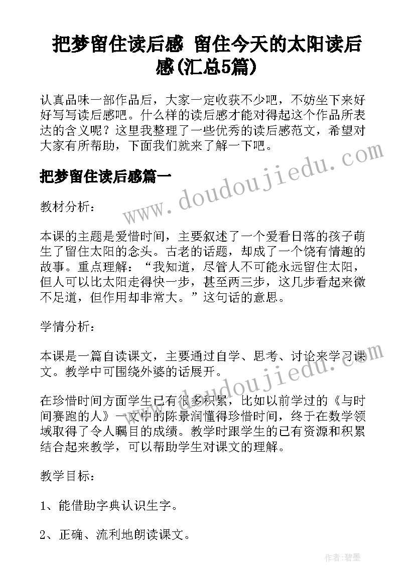 把梦留住读后感 留住今天的太阳读后感(汇总5篇)