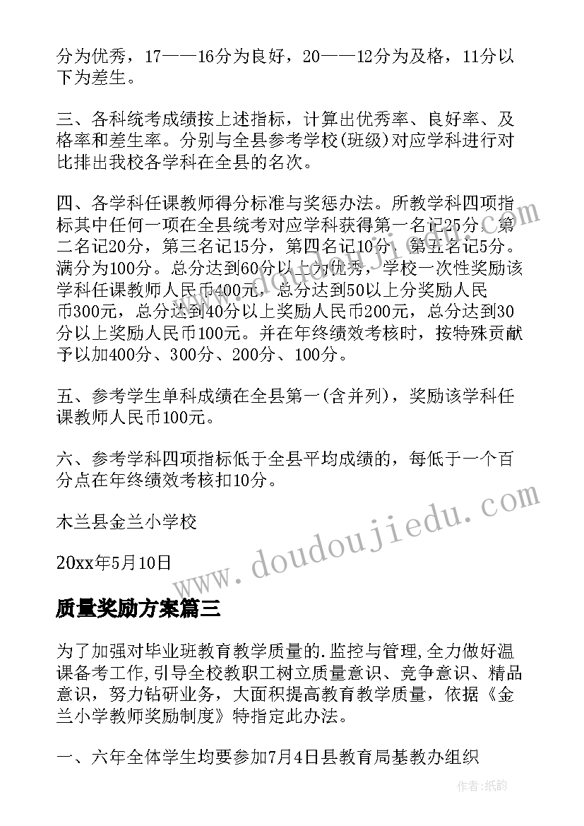 2023年质量奖励方案(精选5篇)