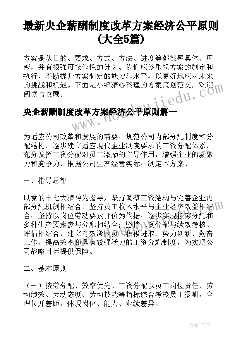 最新央企薪酬制度改革方案经济公平原则(大全5篇)