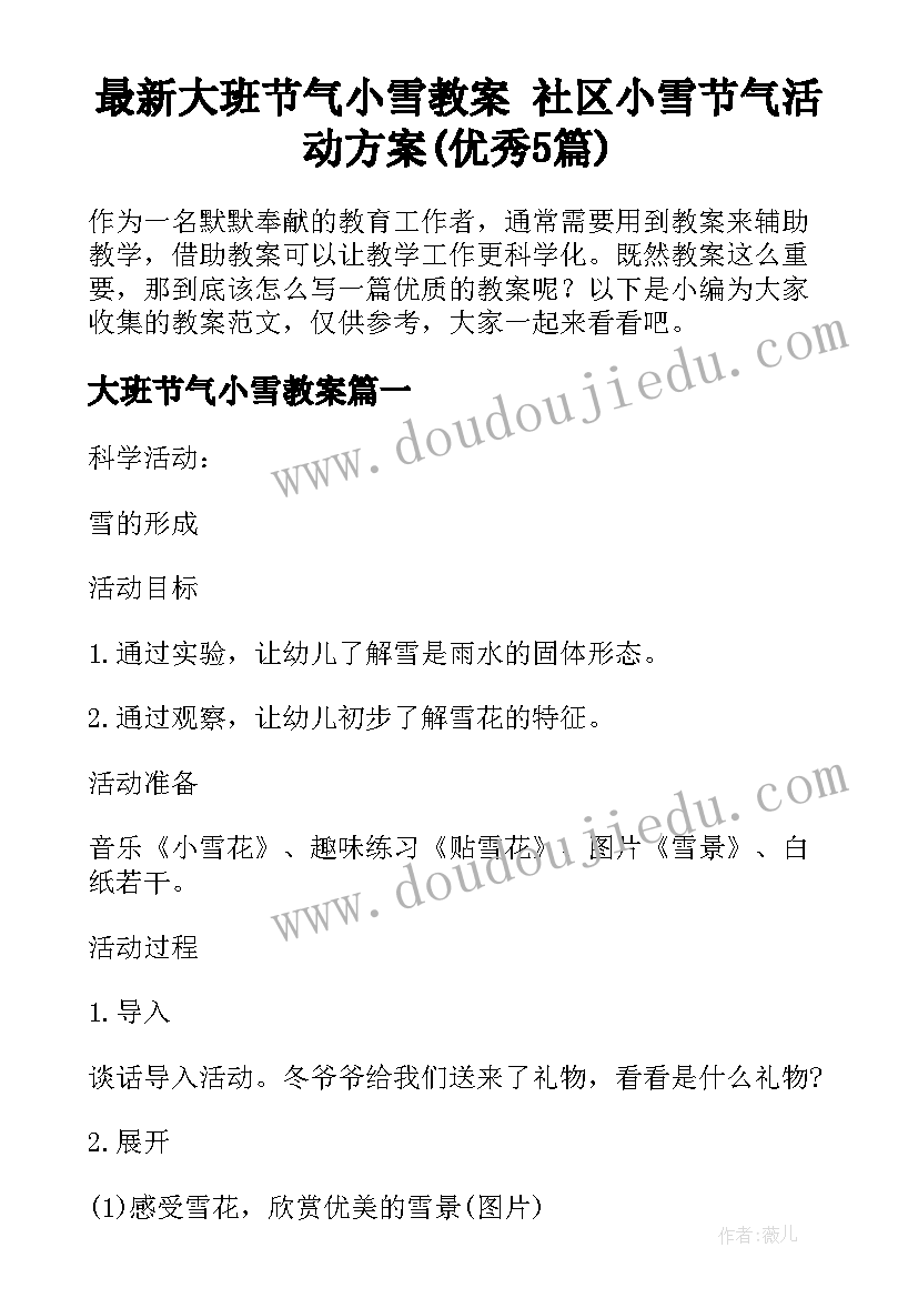 最新大班节气小雪教案 社区小雪节气活动方案(优秀5篇)