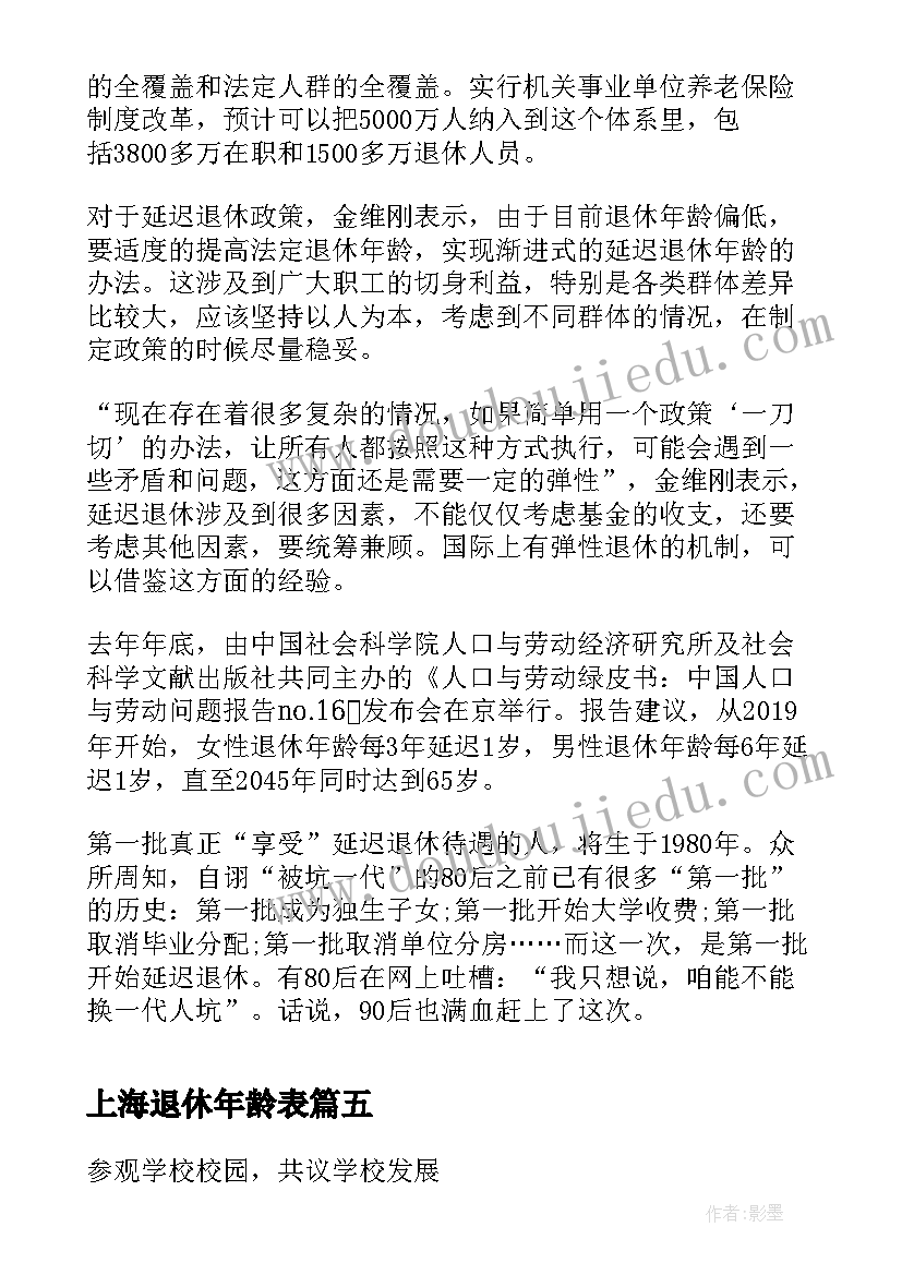 上海退休年龄表 退休干部活动方案(汇总5篇)