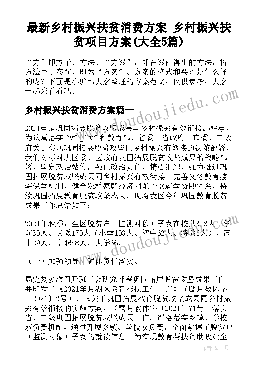 最新乡村振兴扶贫消费方案 乡村振兴扶贫项目方案(大全5篇)