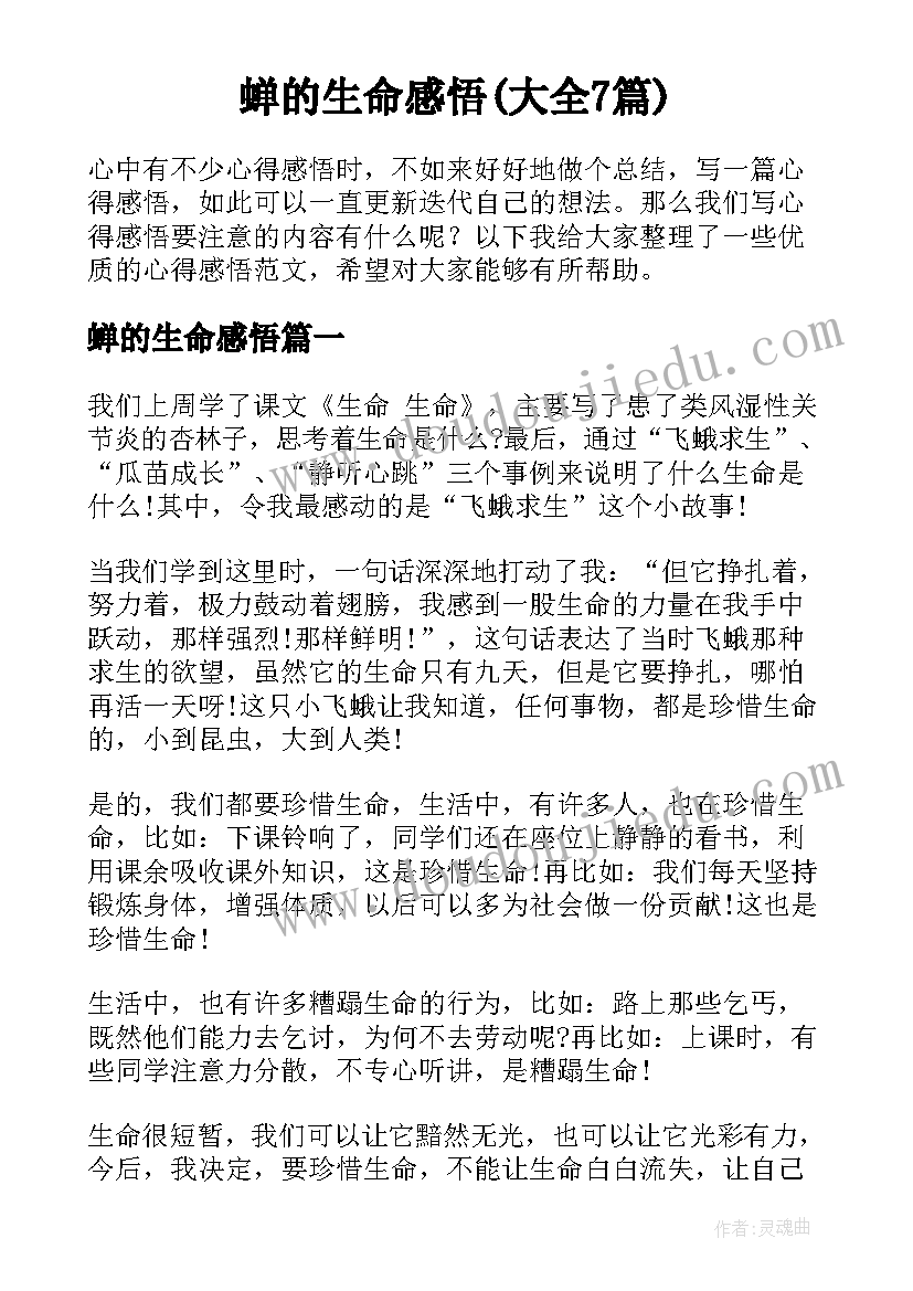 蝉的生命感悟(大全7篇)