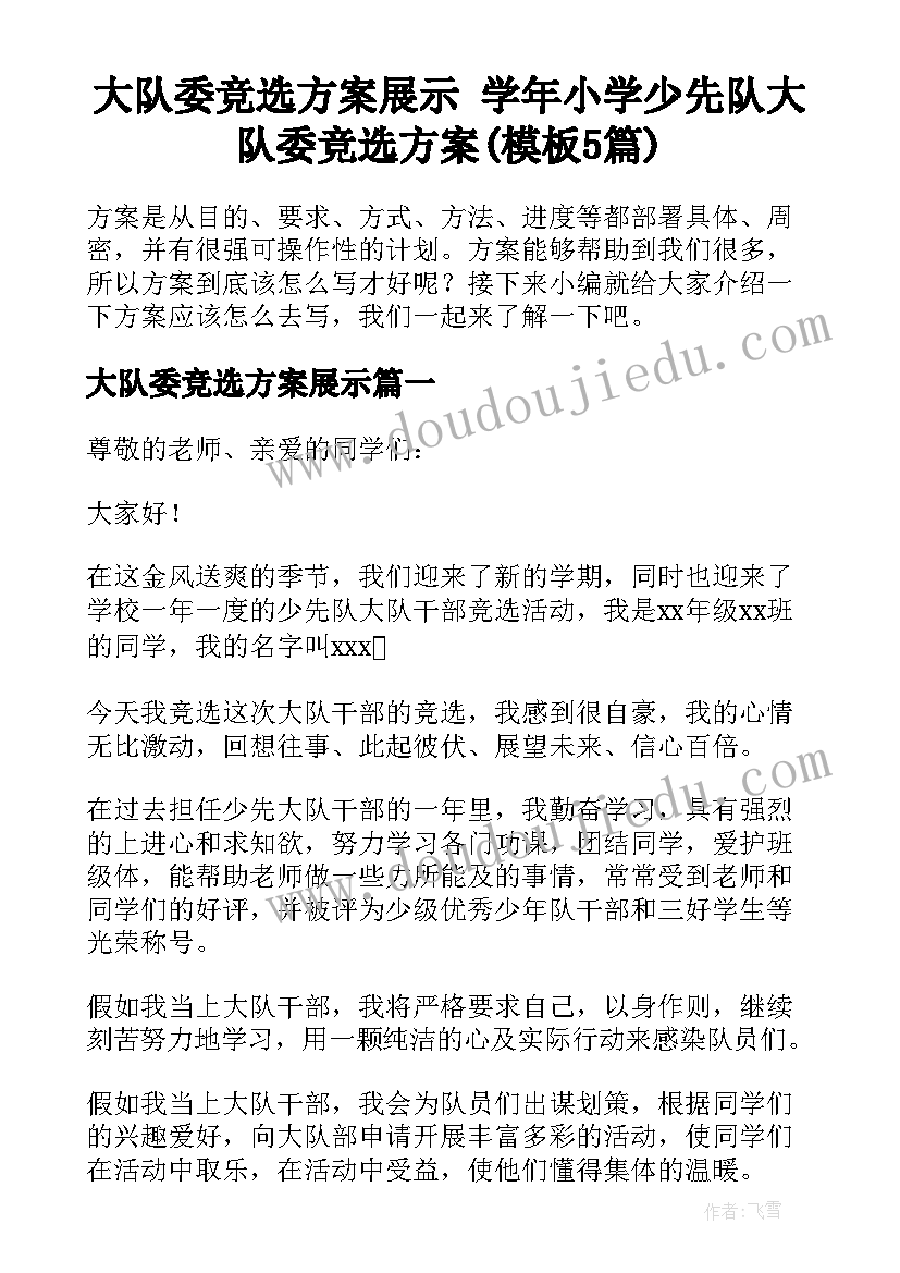 大队委竞选方案展示 学年小学少先队大队委竞选方案(模板5篇)