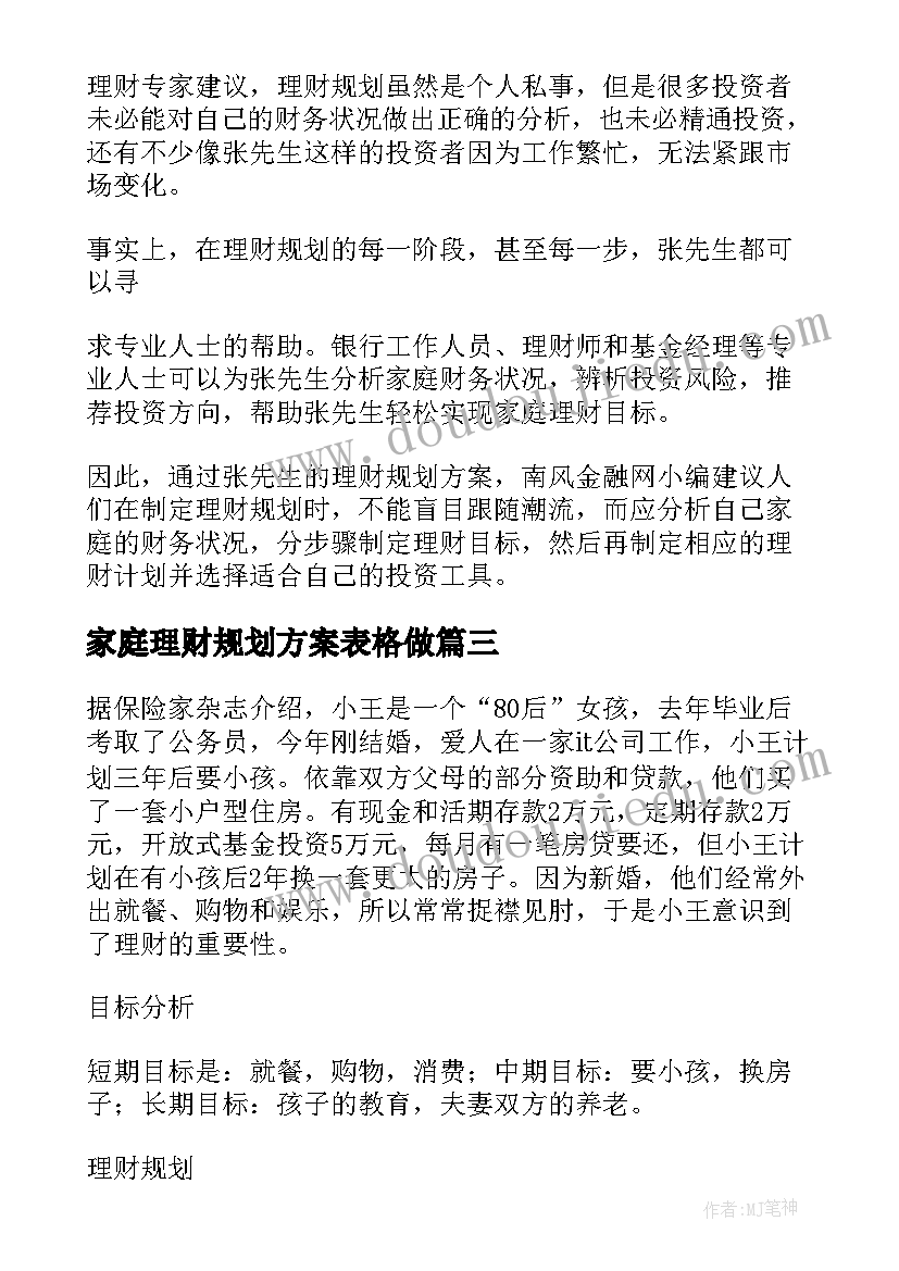 家庭理财规划方案表格做(优秀5篇)