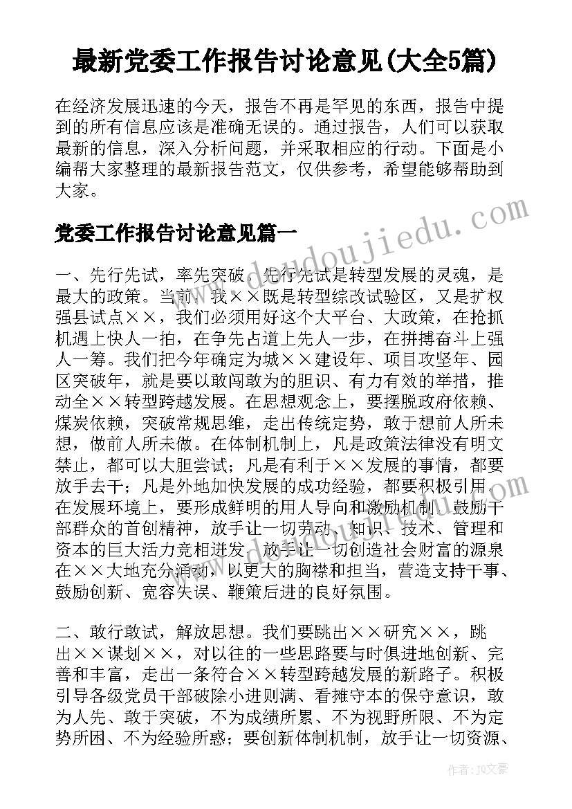 最新党委工作报告讨论意见(大全5篇)