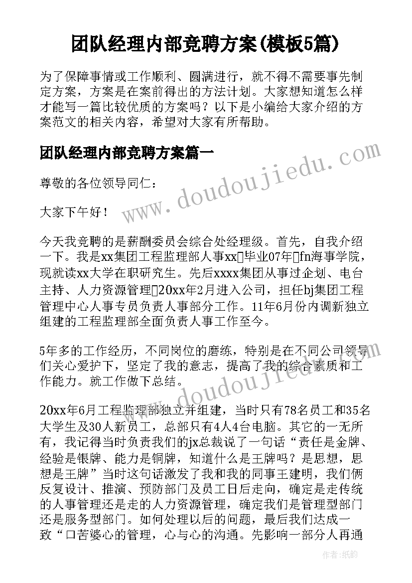 团队经理内部竞聘方案(模板5篇)