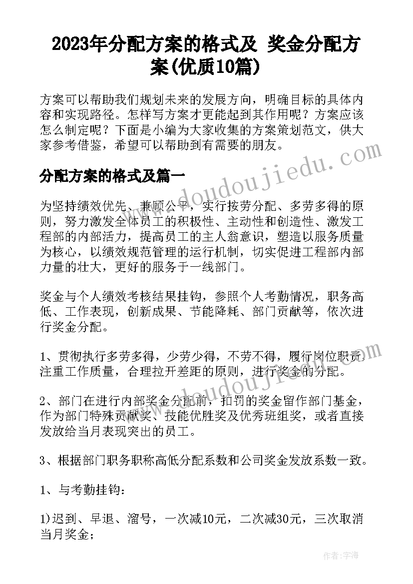 2023年分配方案的格式及 奖金分配方案(优质10篇)