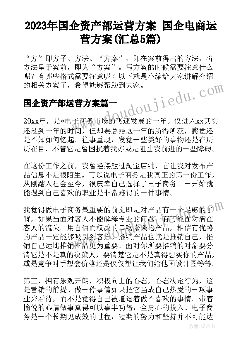 2023年国企资产部运营方案 国企电商运营方案(汇总5篇)