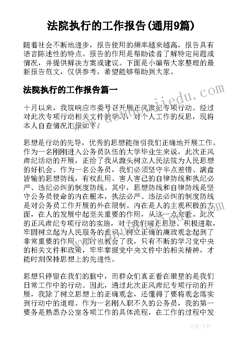 法院执行的工作报告(通用9篇)