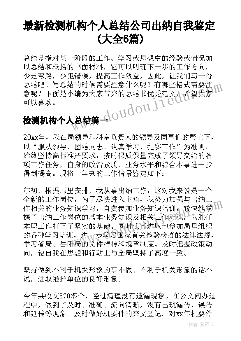 最新检测机构个人总结 公司出纳自我鉴定(大全6篇)