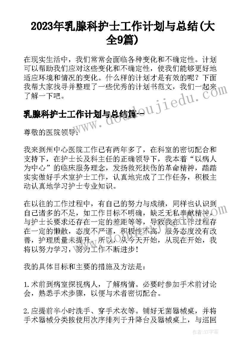 2023年乳腺科护士工作计划与总结(大全9篇)