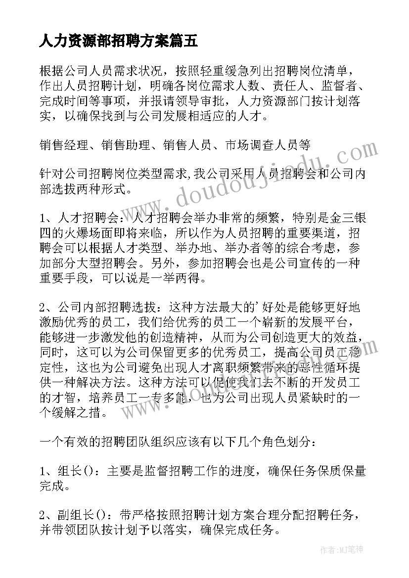 人力资源部招聘方案(优质5篇)