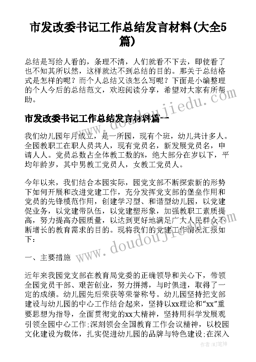 市发改委书记工作总结发言材料(大全5篇)