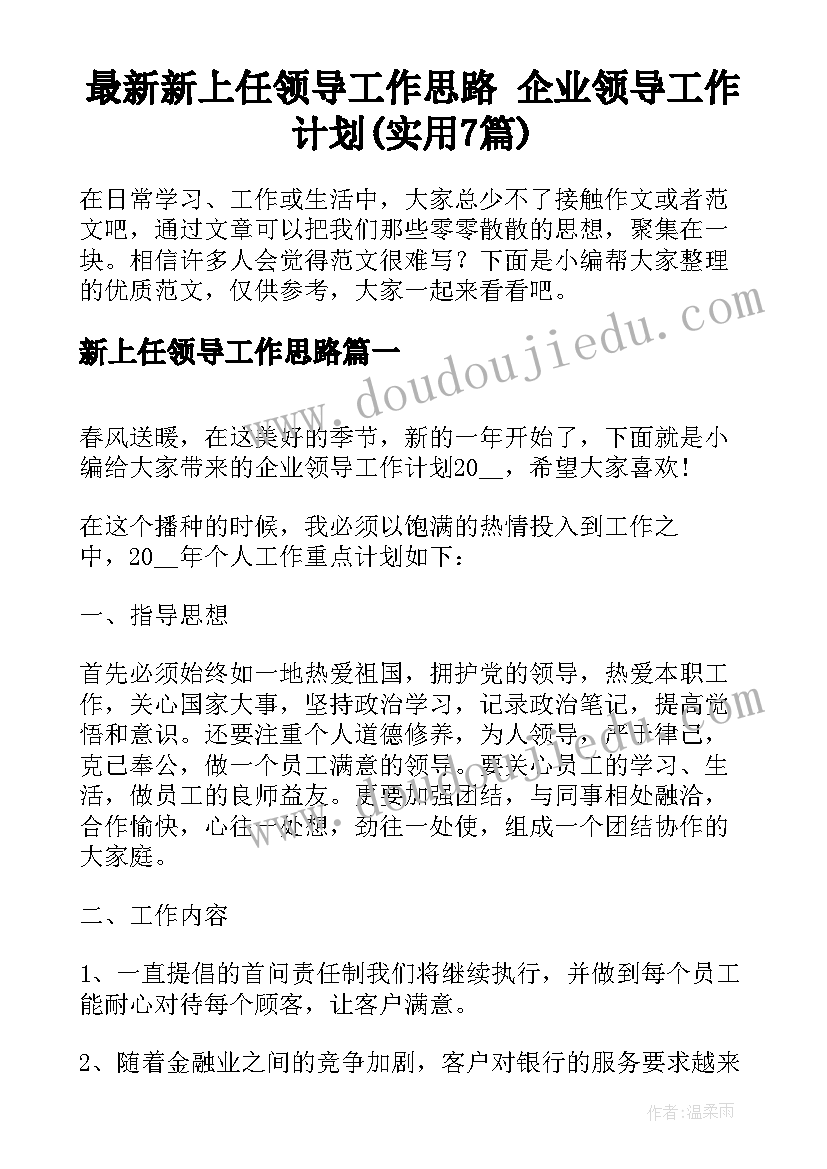 最新新上任领导工作思路 企业领导工作计划(实用7篇)