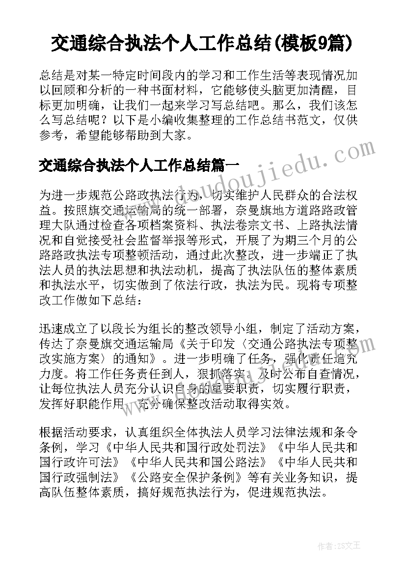 交通综合执法个人工作总结(模板9篇)