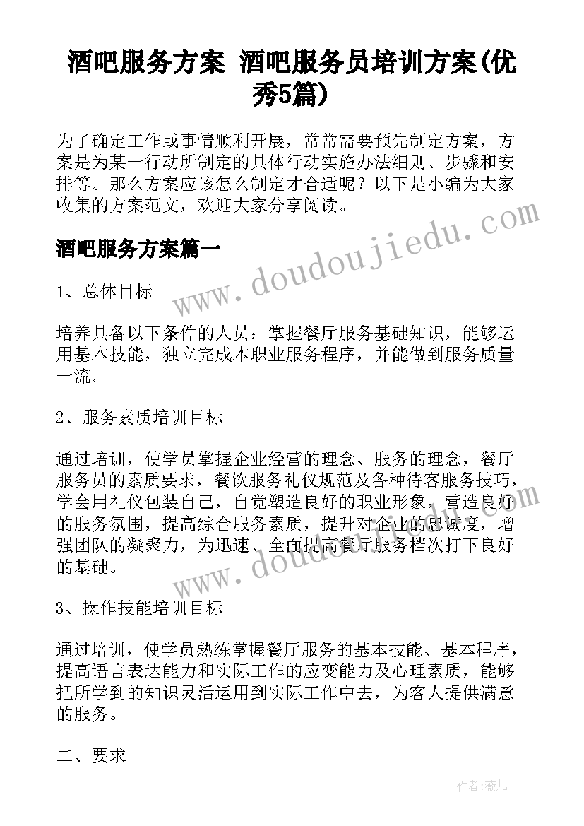 酒吧服务方案 酒吧服务员培训方案(优秀5篇)