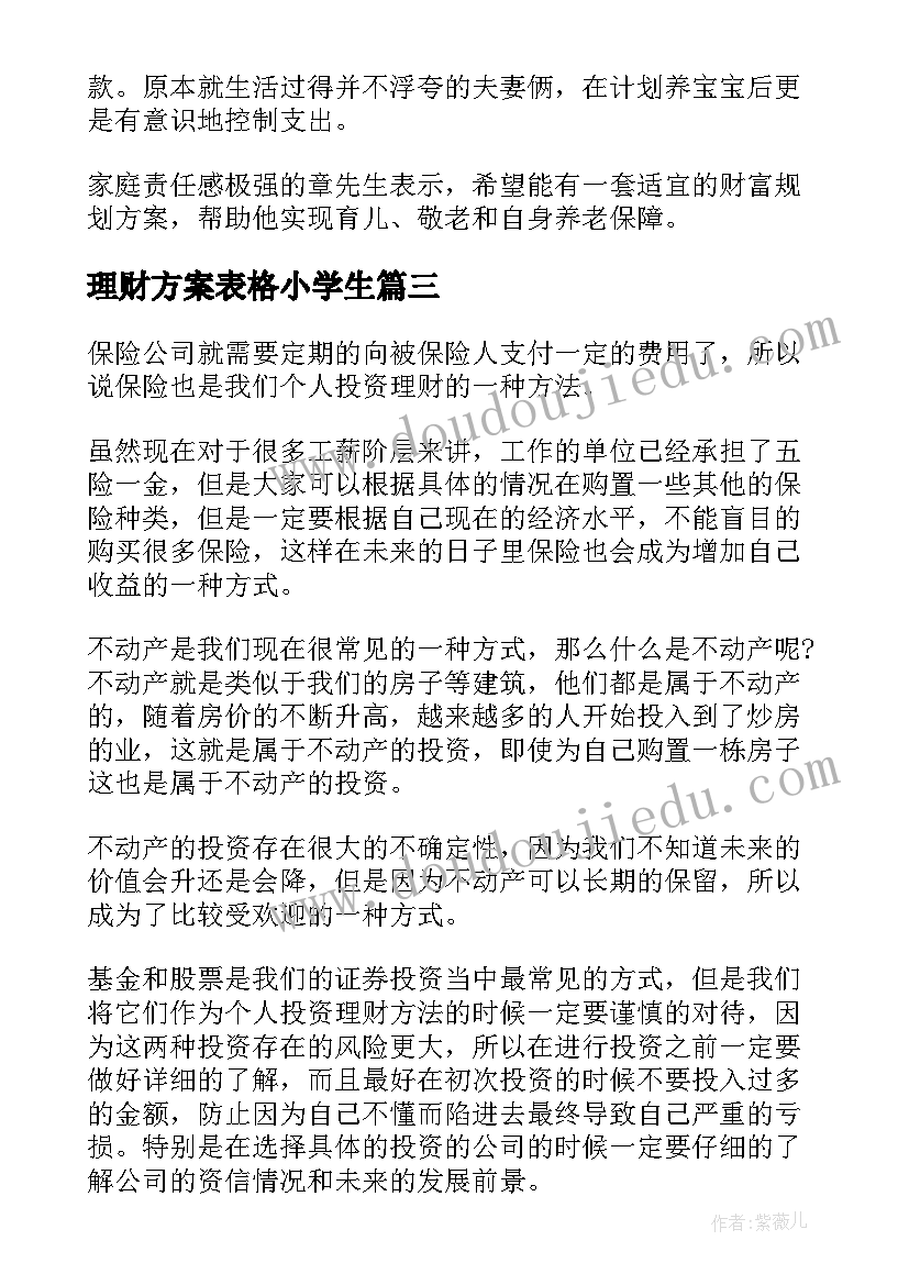 最新理财方案表格小学生(优质8篇)