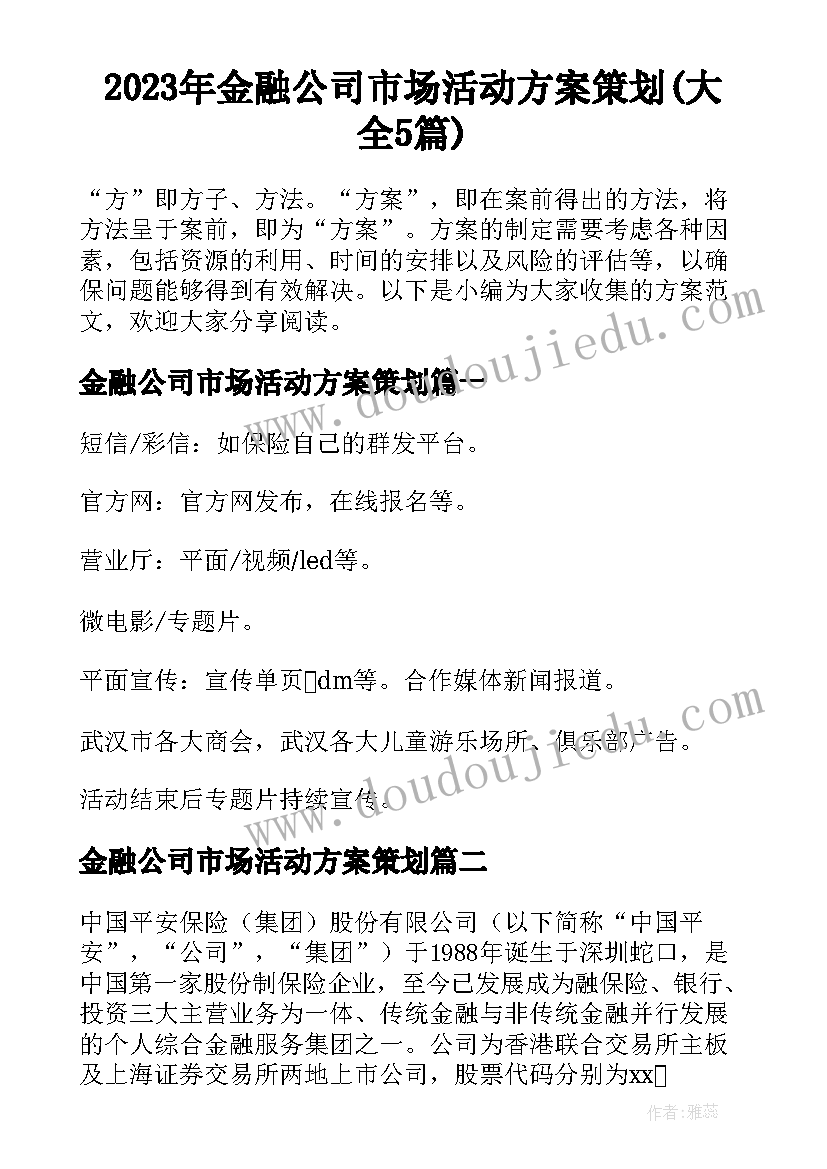 2023年金融公司市场活动方案策划(大全5篇)