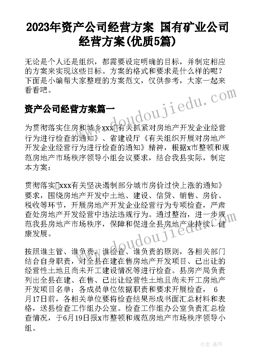 2023年资产公司经营方案 国有矿业公司经营方案(优质5篇)