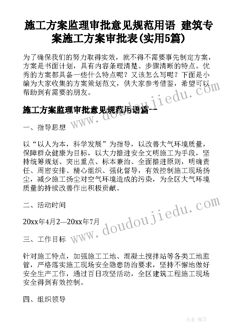 施工方案监理审批意见规范用语 建筑专案施工方案审批表(实用5篇)