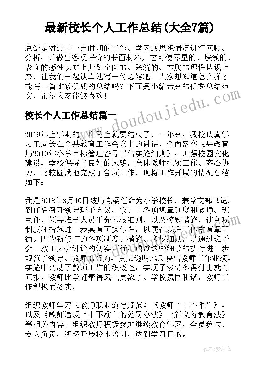 最新校长个人工作总结(大全7篇)