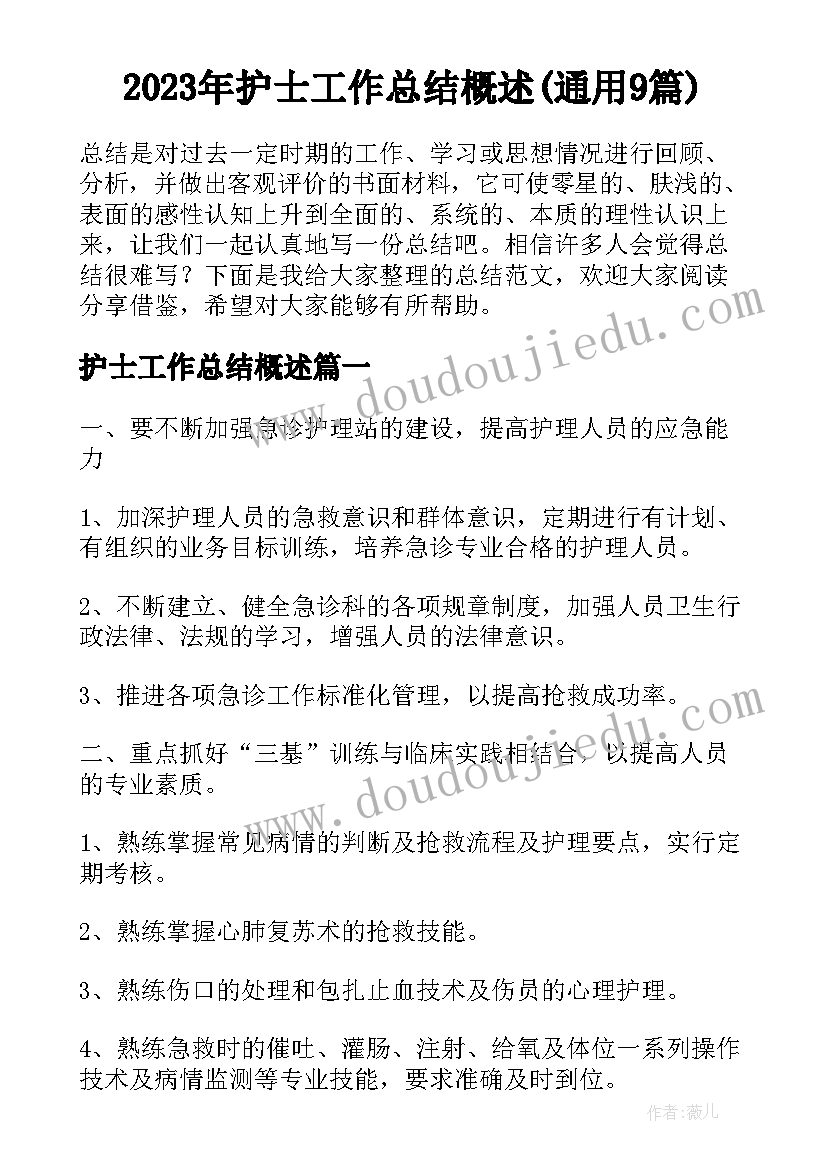 2023年护士工作总结概述(通用9篇)