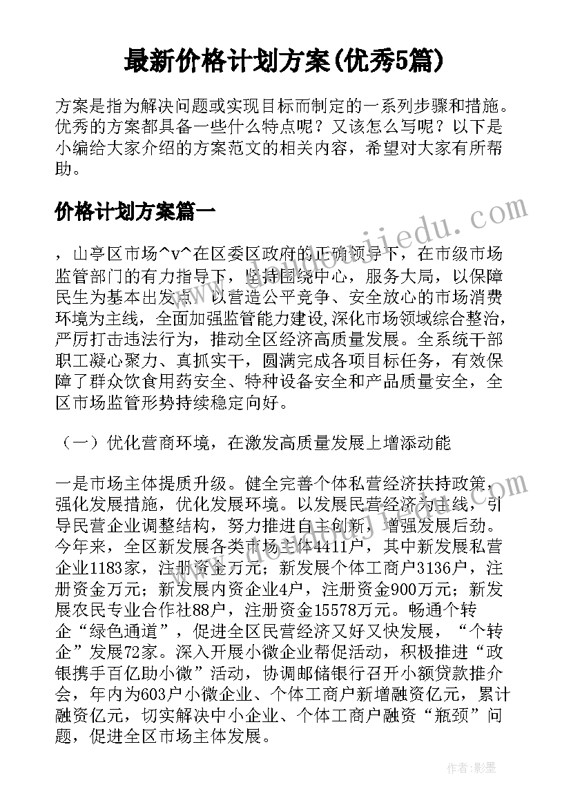 最新价格计划方案(优秀5篇)