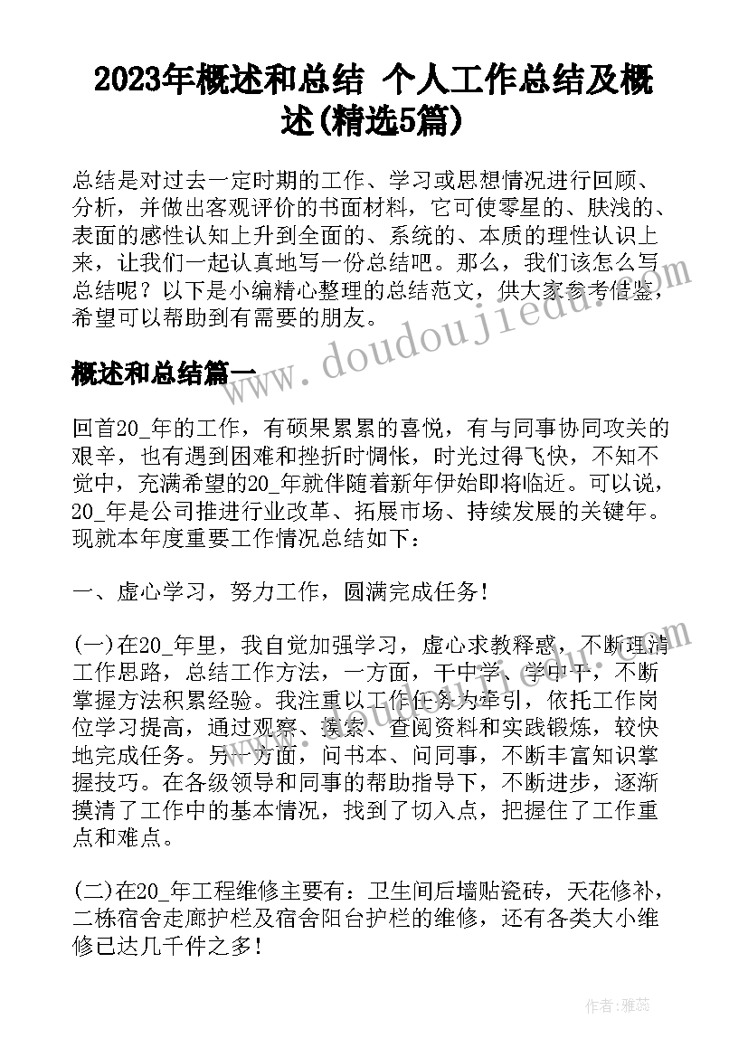 2023年概述和总结 个人工作总结及概述(精选5篇)