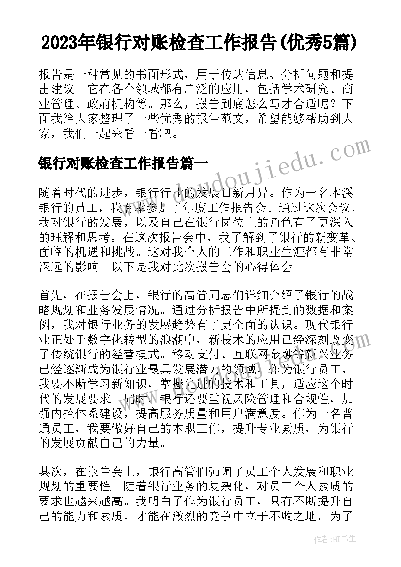 2023年银行对账检查工作报告(优秀5篇)