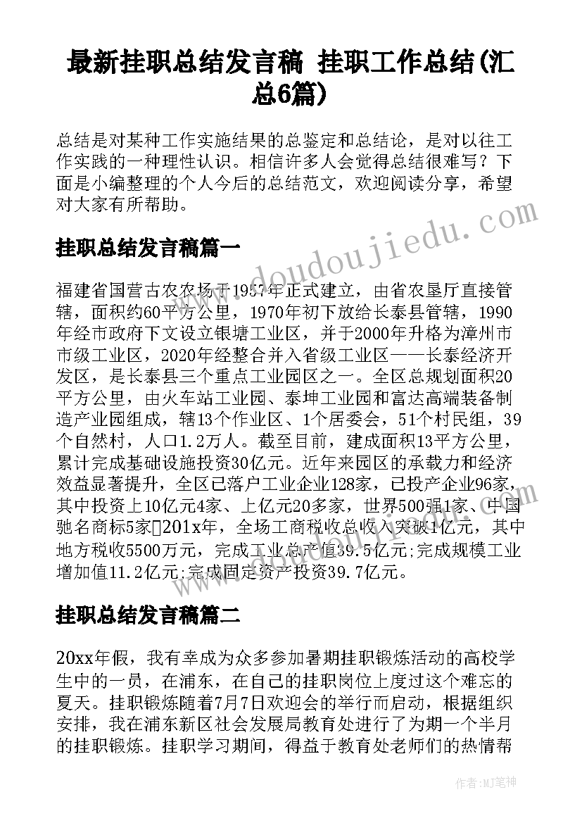 最新挂职总结发言稿 挂职工作总结(汇总6篇)