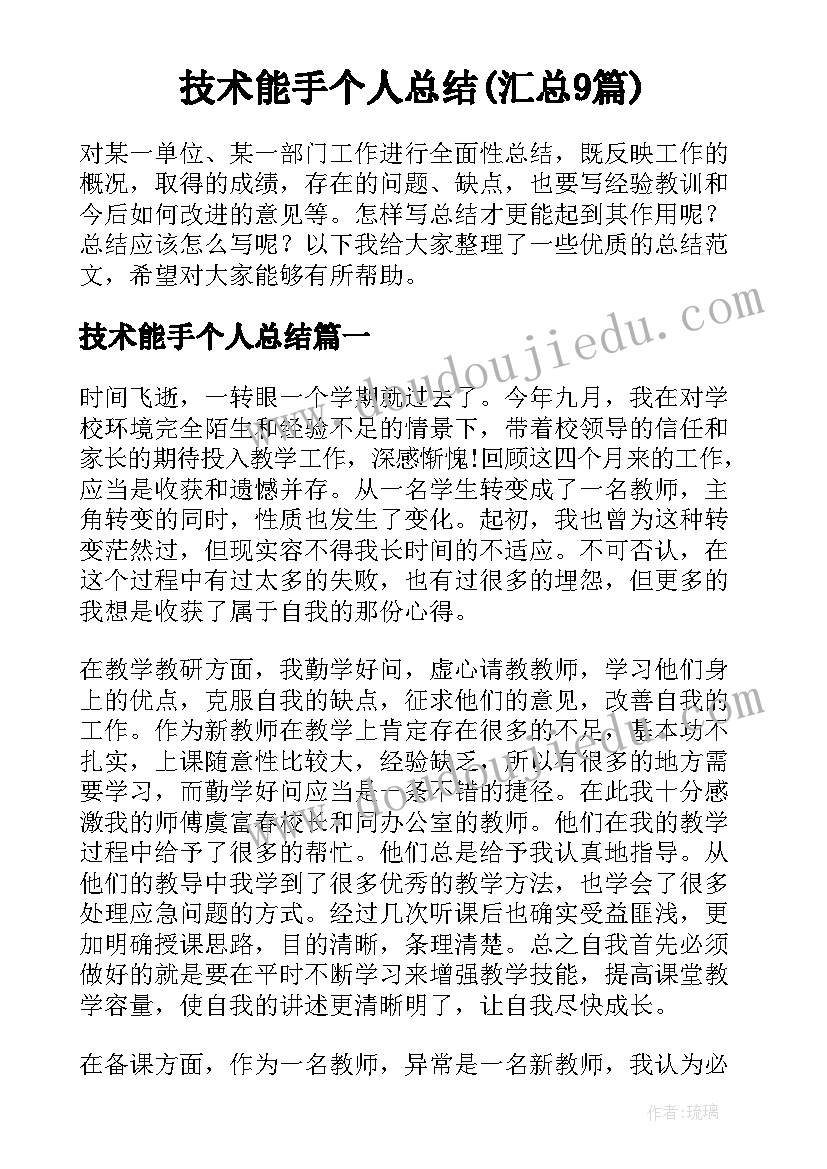 技术能手个人总结(汇总9篇)