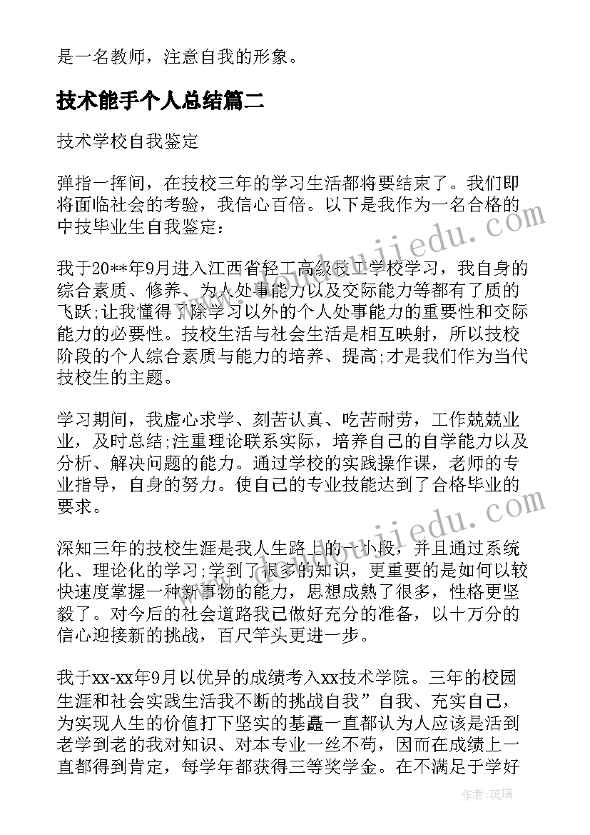 技术能手个人总结(汇总9篇)