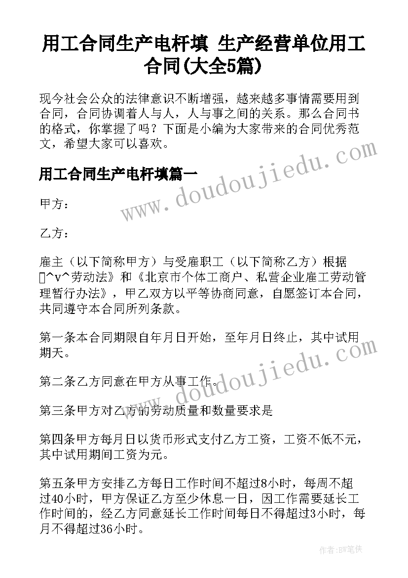 用工合同生产电杆填 生产经营单位用工合同(大全5篇)