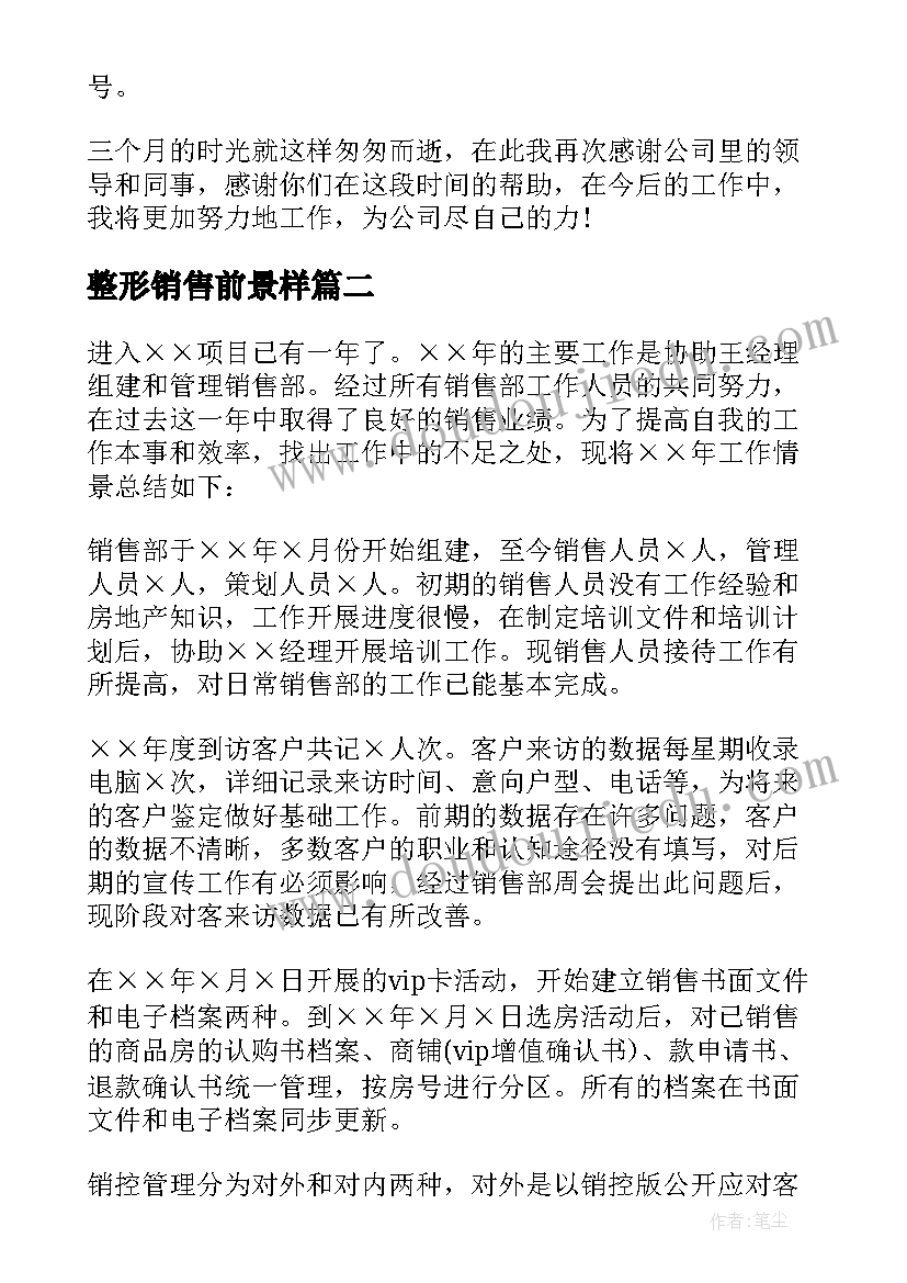 最新整形销售前景样 销售工作总结(优秀5篇)