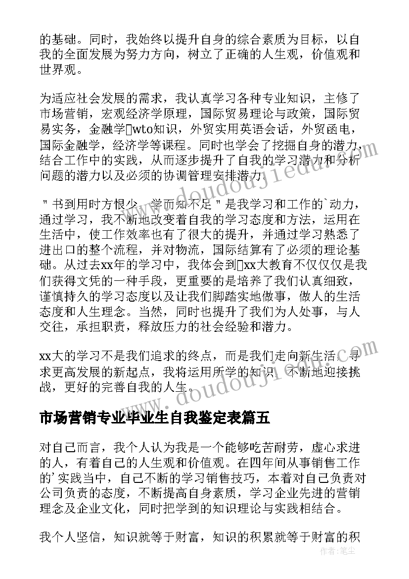 最新市场营销专业毕业生自我鉴定表(大全5篇)