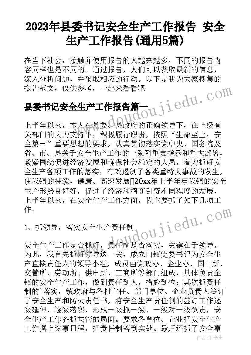 2023年县委书记安全生产工作报告 安全生产工作报告(通用5篇)