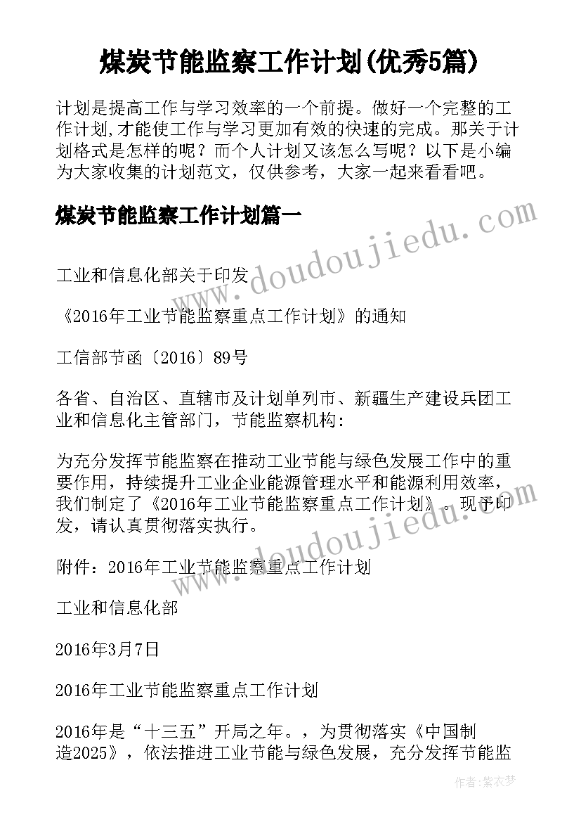 煤炭节能监察工作计划(优秀5篇)