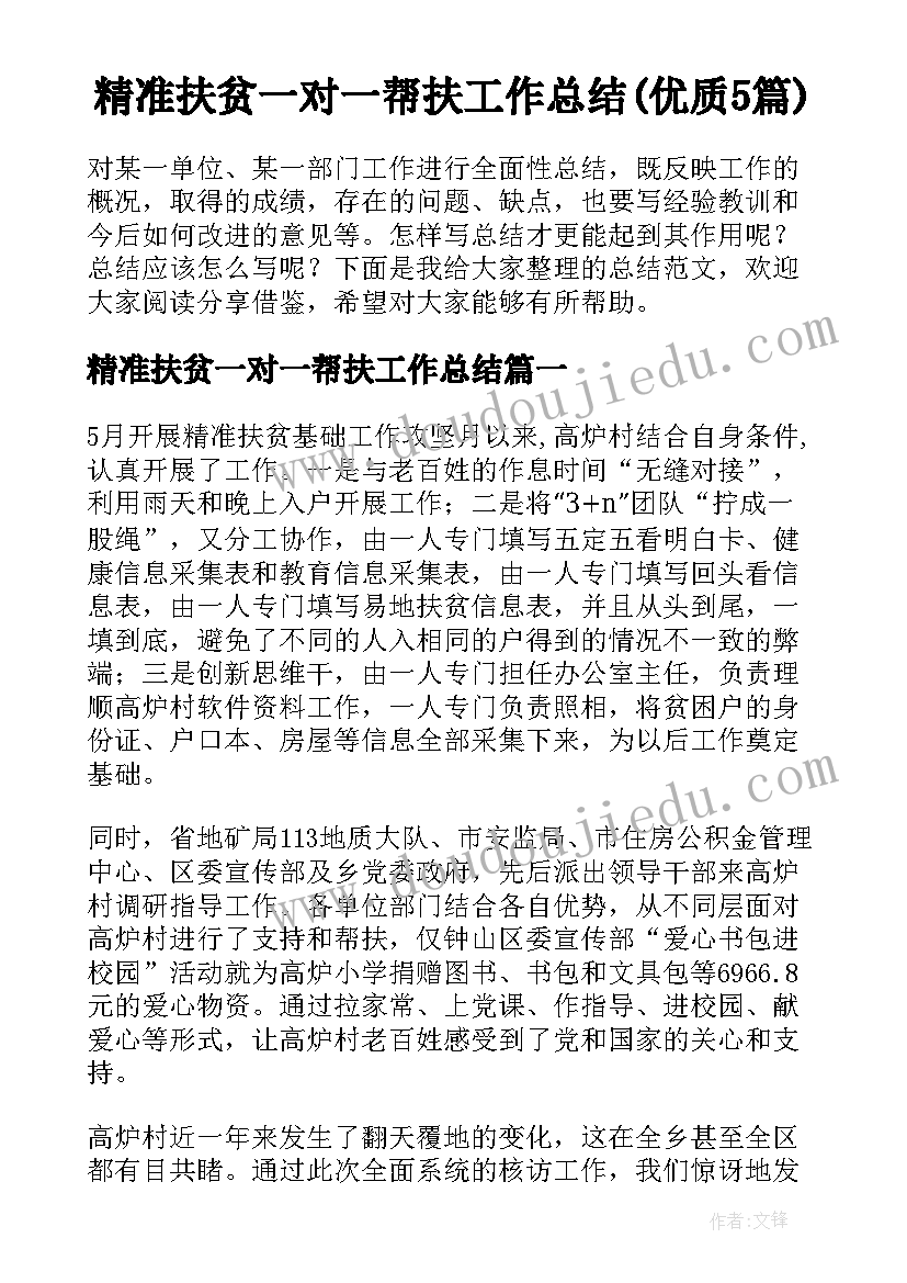 精准扶贫一对一帮扶工作总结(优质5篇)