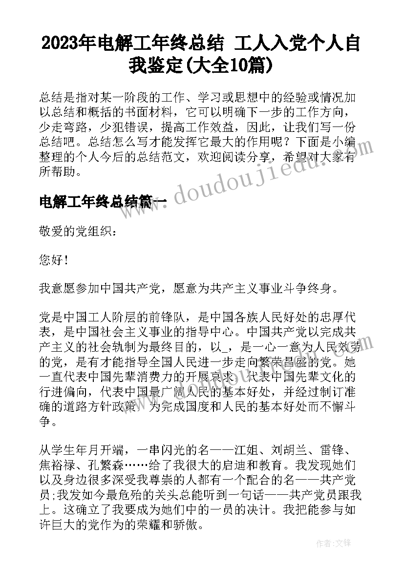 2023年电解工年终总结 工人入党个人自我鉴定(大全10篇)