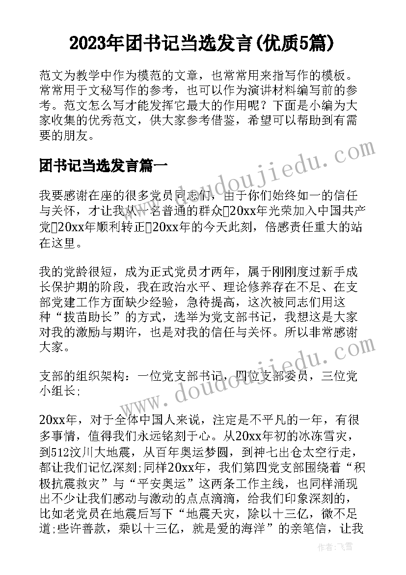 2023年团书记当选发言(优质5篇)