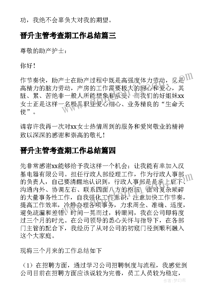 晋升主管考查期工作总结(大全5篇)