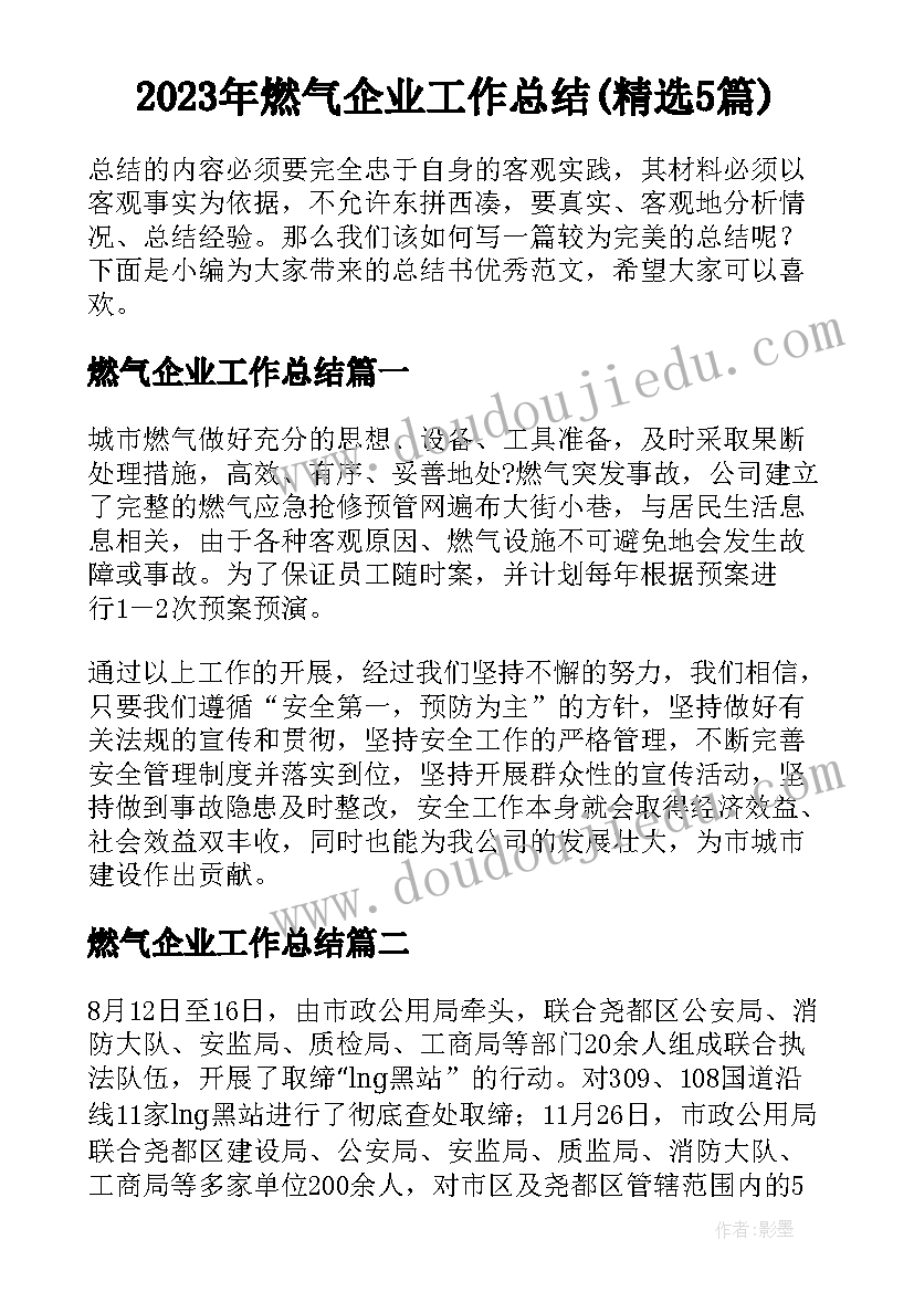 2023年燃气企业工作总结(精选5篇)